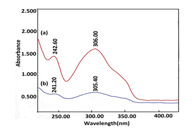 Figure 3: Spectra in 0.1M HCl (a) Pure MTX (b) MTX Loaded Nanoparticle.