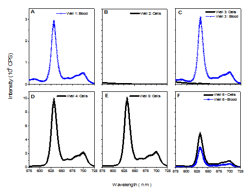 Figure 3: D and 3.E. While in the whole blood, just the opposite occurs, i.e., the emission signal was 4.9 x 106 CPS, an increased value of almost twice in comparison with Figure 3.A or 3.C (2.8 x 106 CPS). This data confirms that the PPIX concentration increasing in whole blood samples resulting from the transference of PpIX excess from intracellular space into the blood; and moreover it is not a simple diffusion process, but a complex efflux system that cells have developed to transport and regulate PpIX concentration (since an excess of PPIX could be highly toxic to the cell), what was confirmed by the transference of PPIX into blood, but not into DMEM medium. This result corroborates the literature reports [11,12]. Another test performed was to add ALA into the blood of animals collected and incubated in a petri plate for two hours. There was no difference in the emission signal from the blood, since mature erythrocytes are unable to synthesize more PPIX (results not shown because it is the same spectrum of Figure 3A).