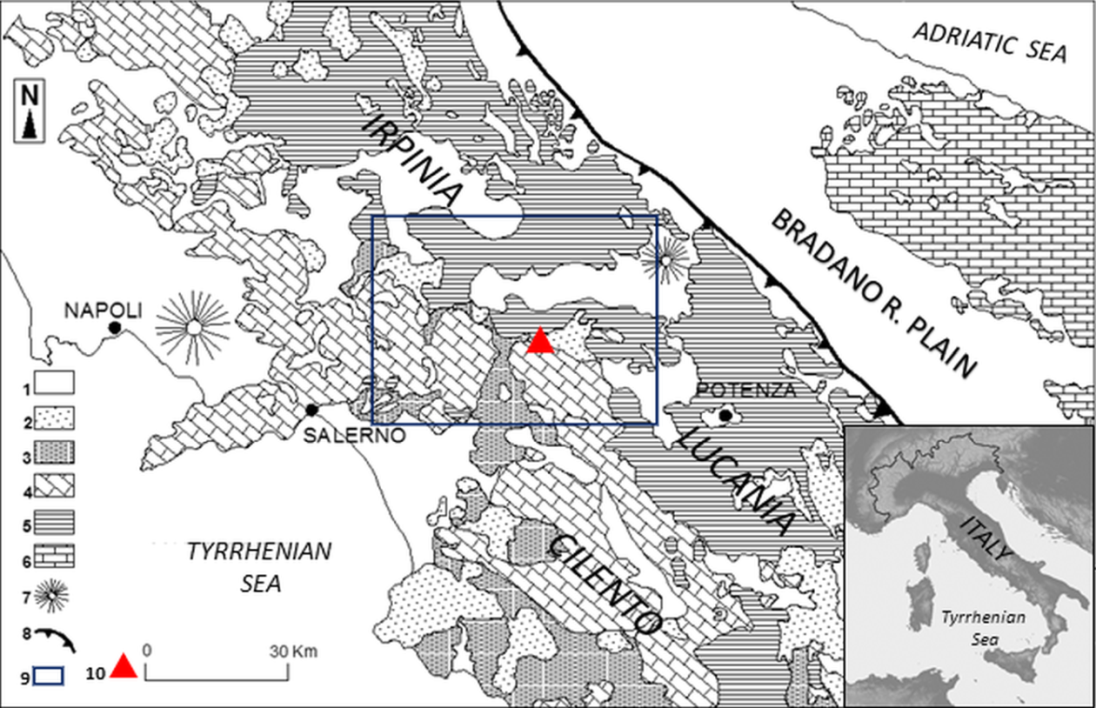 Figure 1: Geological sketch-map of the Southern Apennines and study area location (inlet). Legend: 1. Quaternary and Pliocene deposits; 2. Miocene deposits; 3. Liguride Complex; 4. Apennine carbonate platform units; 5. Molise-Lagonegro basin units; 6. Apulian carbonate platform units; 7. Volcanoes; 8. orogenic front; 9. study area of Figure 2.; 10. 1980 earthquake epicenter.