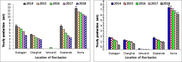 Figure 5: A. The highest pangas production was recorded at 7.21±1.11, 4.42±1.01, 7.15±1.44 and 12.67±2.42 mt in the basin of Godagari, Charghat, Goalondo and Noria in the year 2014 and lowest production recorded at 4.22±0.94, 2.87±0.74, 3.50±0.86 and 10.35±2.04 mt in the same basin. In 2016, only 0.33 mt pangas was found in the Ishwardi basin. There was a decreasing trends was found in the five basins between 2014 and 2018.