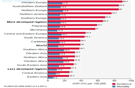 Figure 1: Age standardized incidence and mortality rates for breast cancer worldwide per 100000 in 2008.