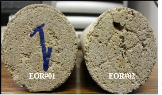Figure 9: Wormholes created in the Low pH EDTA flooded Core (pH = 4.5; right core) compared to the High pH EDTA flooded one (pH = 12; left core).