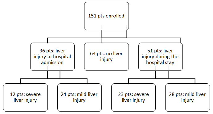 Figure 1: Diagram showing the study population based on the development and type of liver injury.
