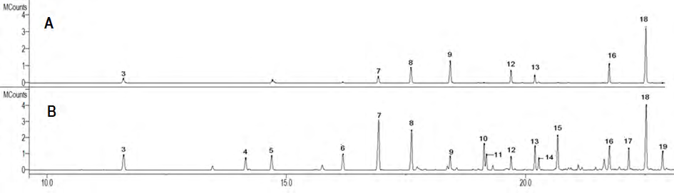 Figure 5: GC/MS analyses (total ion chromatograms) of the low molecular weight phenolics released by two successive thermal treatments of PB1000 sample A) 200°C (with simple volatilization of soluble phenolics) and B) 500°C (genuine pyrolysis). Peak numbers correspond to the following compounds. 3: guaiacol; 4: 4-methylguaiacol; 5: 4-vinylphenol; 6: 4-ethylguaiacol; 7: 4-vinylguaiacol; 8: syringol; 9: vanillin; 10: 4-methylsyringol; 11: 4-allylguaiacol; 12: acetoguaiacone; 13: 4-ethylsyringol; 14: guaiacylacetone; 15: 4-vinylsyringol; 16: syringaldehyde; 17: 4-allylsyringol; 18: acetosyringone; 19: syringylacetone.
