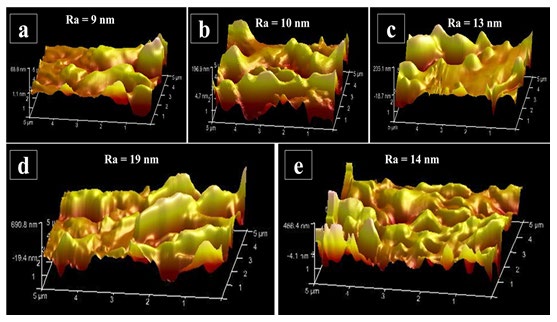 Figure 3: AFM images 3D for TiO2/PVP at different distance (a) 6 cm, (b) 9 cm, (c) 12 cm, (d) 15 cm, (e) 18 cm.