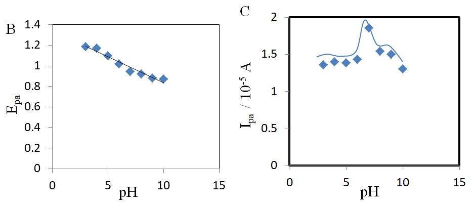Figure 3: (A) Cyclic voltammograms of 1.0mM PPZ on GE with different scan rates at (a) 50, (b) 100, (c) 150, (d) 200, (e) 250, (f) 300 and (g) 350 mVs−1.