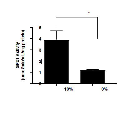 Figure 3: Selenium deficient Caco-2 cell model. Caco-2 cells grown in DMEM with 10% FBS compared to CaCo2 cells grown in serum-free DMEM using a gradual serum reduction method. * Data represents mean ± SD of duplicates and considered significantly different at P<0.05 by Student t- test.