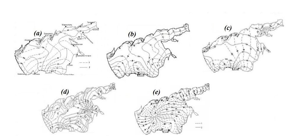 Figure 3: The distributions of isoamplitudes (1, cm) and isophases (2, degrees) of the one- (a), two- (b), three- (c), four- (d) and five-node (e) seiches in the sea of Azov.