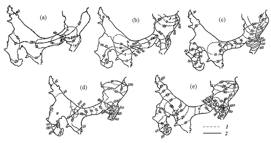 Figure 6: The distributions of isoamplitudes (1, cm) and isophases (2, degrees) of the one- (a), two- (b), three- (c), four- (d) and five-node (e) seiches in the White sea.