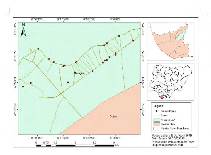 Figure 1: Map of Yenegoa Showing the Sampled Points.