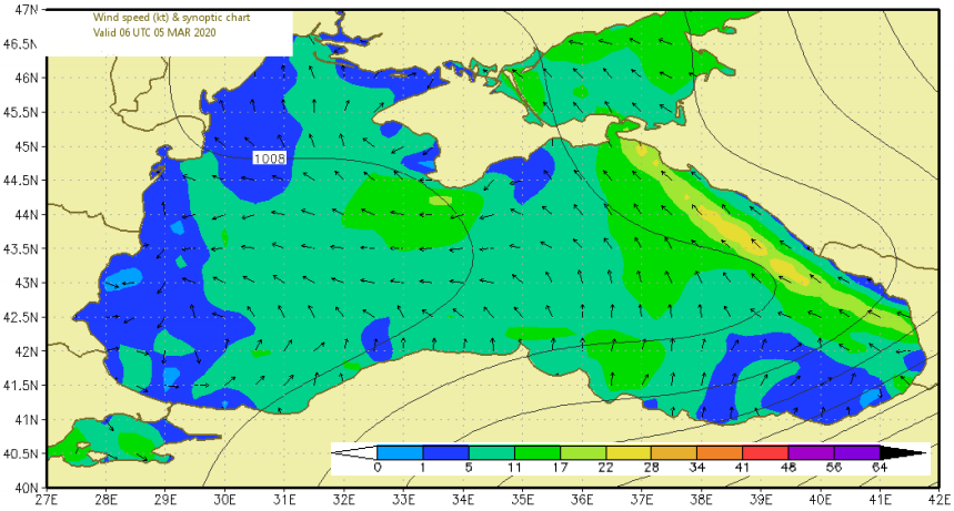 Figure 11: Wind speed and synoptic maps on 5, 6 and 7 March 2020.