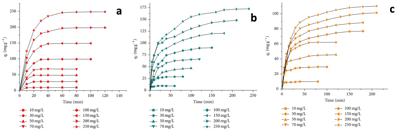 Figure 8: The effect of initial concentration on (a) CV, (b) MB, and (c) EBT dyes removal by SGGO nanocomposites (1 g L−1 PM- 4, 25°C, pH 7.1 for CV, 7.4 for MB and 7.0 for EBT).