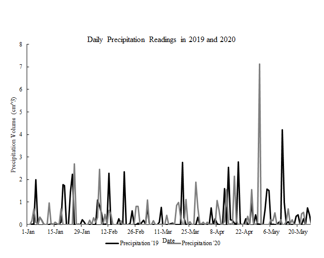 Figure 6: Daily precipitation volume for 2019 and 2020.