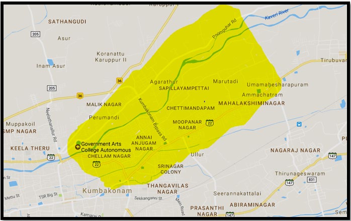 Figure 1: Map of Cauvery basin at Kumbakonam and surrounding areas.
