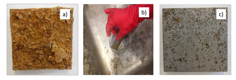 Figure 4: a) Coupon extracted before cleaning, b) chemical coupon cleaning, c) clean coupon.