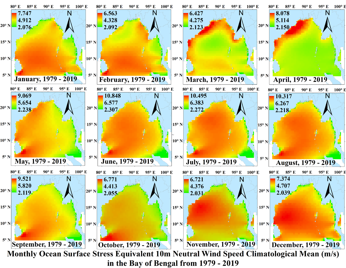 Figure 3: Spatial distribution of WSP (m/s) from 1979–2019 in the BoB.