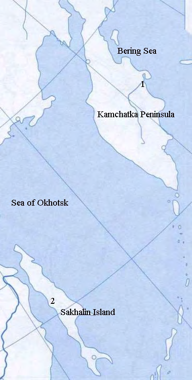 Figure 1: Map-diagram of sampling sites: 1. Ponomarka river: 56.1820 N, 161. 8476 E, 2. Lake Oktyabrskoye: 50.7513 N, 142.1003 E.