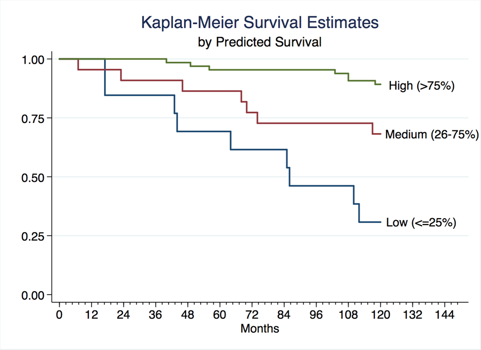 Figure 1: Kaplan Meier curves with patients stratified into predicted survival groups.