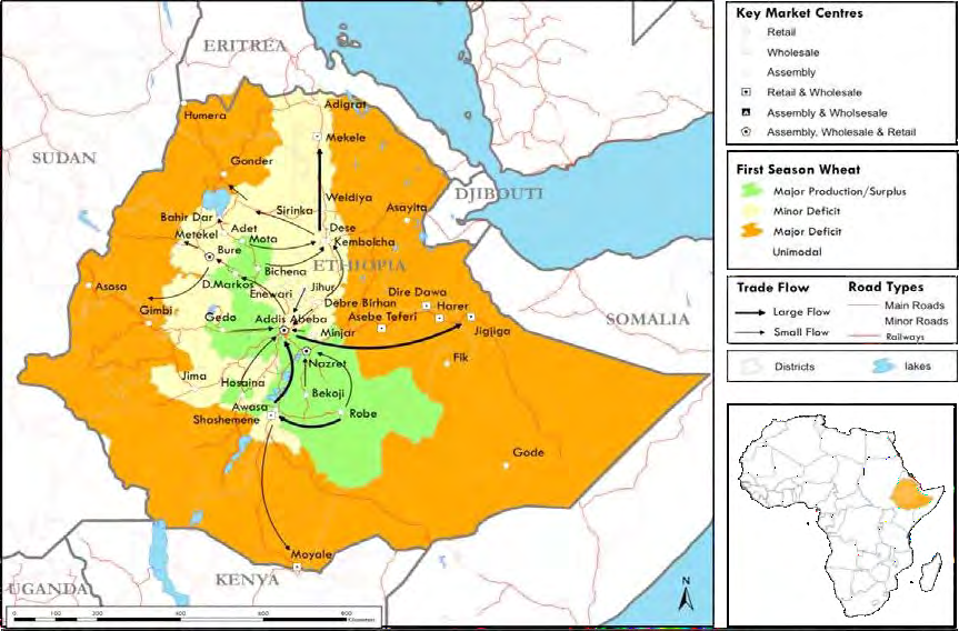 Figure 3: Ethiopia’s first Season Bread Wheat Production and Market Flow Maps, Source: FEWSNET (in FAO, 2014) [7].