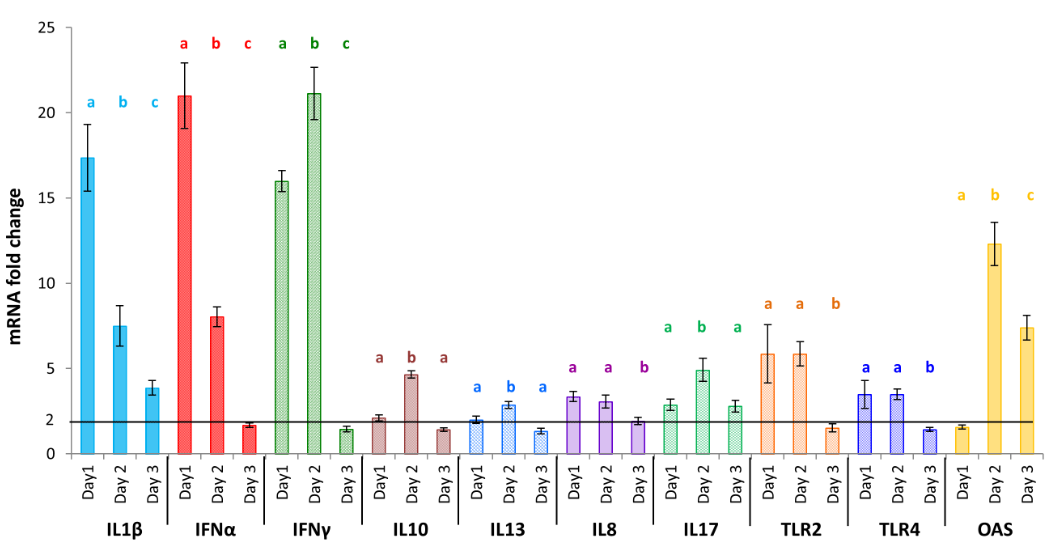 Figure 4: Modified heterophils cytokine transcription pattern in response to a formulated Ulvan version (Searup®). Data represents the mean ± SEM, of control group and treated group analyzed from day 0 to day 3. The samples of three animals were pooled for purification and RT-qPCR. Different letters with the same color indicate statistically different values for the different doses at the same time with p<0.05 (*).