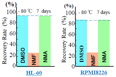 Figure 2: Post-thawing recovery rates of cells cryopreserved with DMSO, NMF, or NMA. The cryopreservatives were added at 10% (w/v) before freezing, and were removed before the viability assay. (A) HL-60 cells. (B) RPMI8226 cells. DMSO: Dimethyl sulfoxide; NMA: N-methylacetamide; NMF: N-methylformamide. We prepared nine cryopreservative solutions containing 4% (w/v) HSA and 6% (w/v) HES in saline in nine dishes. To one dish, we added 5% DMSO; to the other eight dishes, we added NMA at concentrations from 1% to