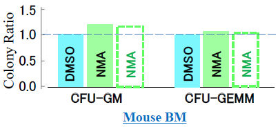 Figure 6: Post-thawing colony-forming ability of mouse BM cells cryopreserved with DMSO and NMA. CFU-GM and CFU-GEMM should be compared on the basis of cell recovery rates because all cells were placed on cultivation dishes, regardless of whether they were alive or dead after thawing. Rectangles marked by dotted lines indicate the colony-forming ability re-evaluated per cell that survived after thawing and complete removal of the cryopreservative. CFU-GEMM: Colony-forming unit- granulocyte, erythrocyte, monocyte/macrophage, megakaryocyte; CFU-GM: Colony-forming unit- granulocyte macrophage.