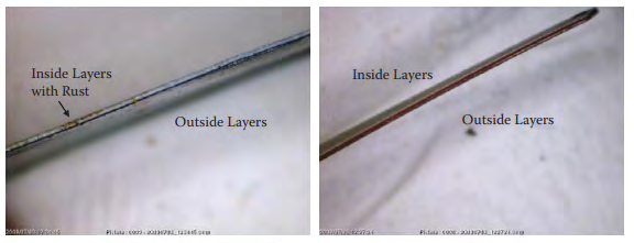 Figure 2: The photos are cross-sectional views of paint chips taken from a black car (left) and a red car (right). The black vehicle was an older car and showed evidence of rust on the inner coating of the paint chip.