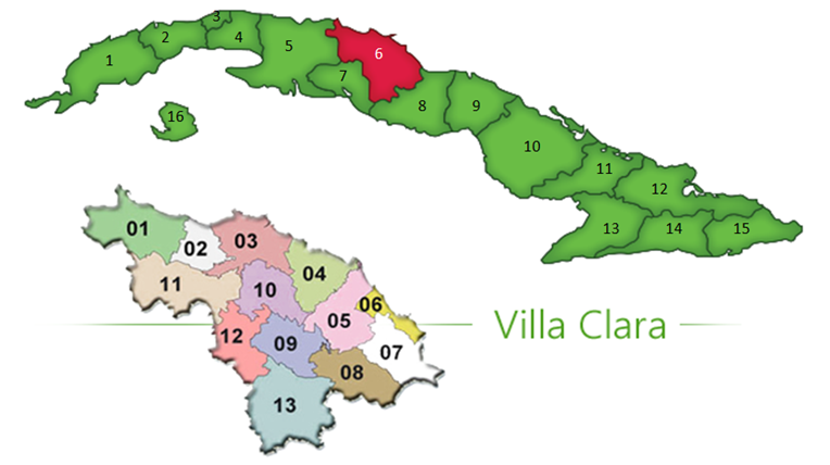 Figure 1: Above. Map of Cuba, showing the 15 provinces of Cuba and the special municipality of Isla de la Juventud: 1. Pinar del Río, 2. Artemisa, 3. La Habana, 4. Mayabeque, 5. Matanzas, 6. Villa Clara, 7 Cienfuegos, 8. Sancti Spíritus, 9. Ciego de Ávila, 10. Camagüey, 11. Las Tunas, 12. Holguín, 13 Granma, 14. Santiago de Cuba, 15. Guantánamo, 16. Special Municipality of Isla de la Juventud. Below the province of Villa Clara with its 13 municipalities: 01. Corralillo, 02. Quemado de Güines, 03. Sagua la Grande, 04. Encrucijada, 05. Camajuaní, 06. Caibarién, 07. Remedios, 08. Placetas, 09. Santa Clara, 10. Cifuentes, 11. Santo Domingo, 12. Ranchuelo, 13. Manicaragua.