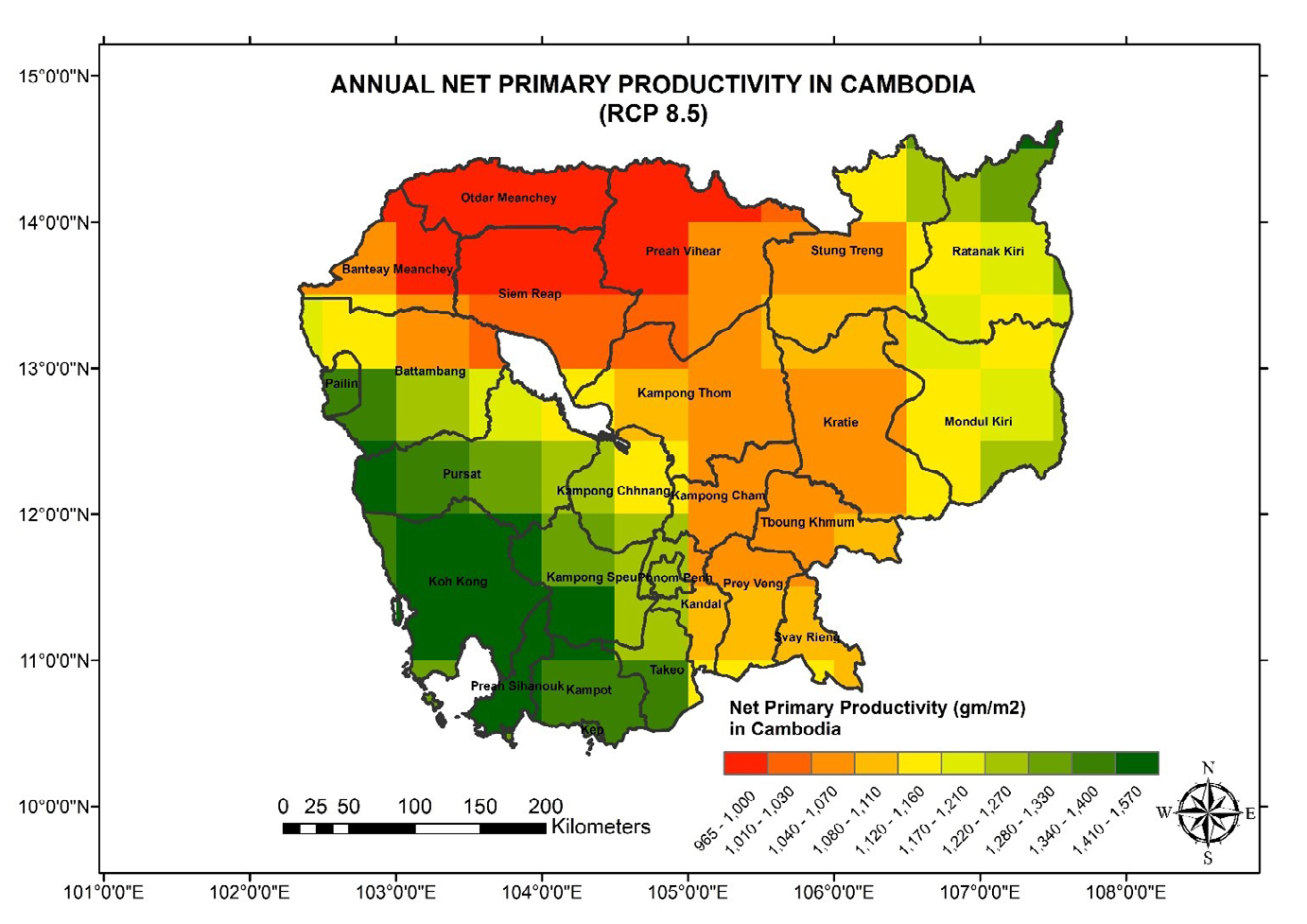 Figure 3: LPJ Simulated distribution on NPP in Cambodia (RCP 8.5 scenario) The annual net primary productivity with RCP 8.5 based on CO2 (Figure 4) are much different due to the level of global atmospheric carbon dioxide (CO2) has increased since the industrial revolutions, mostly due to human activities such as combustion of fossil fuel, deforestation and change of land use. The results indicated that NPP is ranked from 599 to 615 gm/m2 in Bantey Meanchey and Oddar Meanchey Province. Nevertheless, no matter what the situation, climate change alone or climate change resulted from CO2 increase both are not good for NPP accumulation on national scale. The relationship between annual NPP and climatic variables shows temperature rising in the dry season has significant effects on NPP increase in the mid and high latitudes of northern plain, while NPP in the semi-arid regions in the southern part is mainly limited by precipitation.
