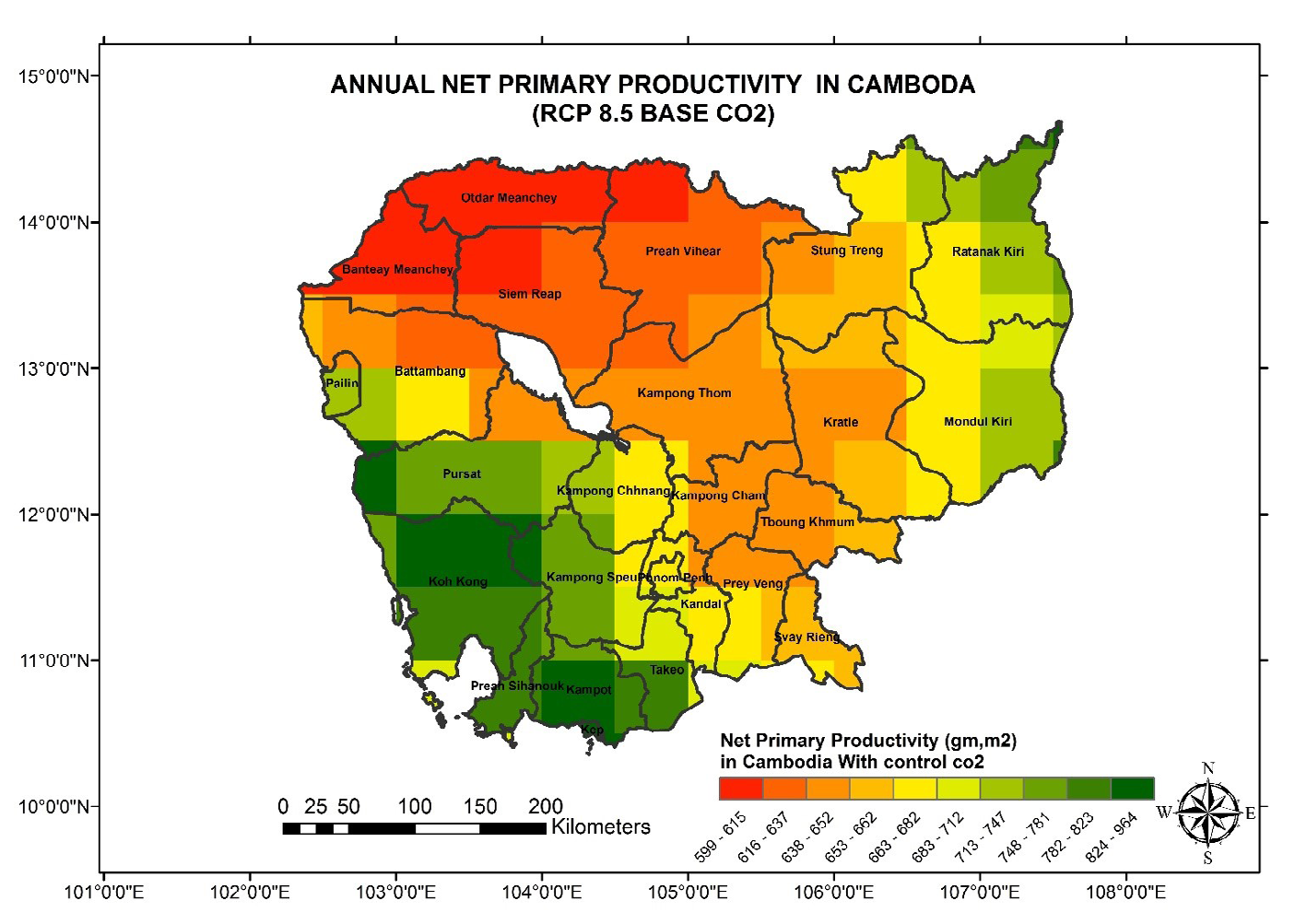 Figure 4: LPJ Simulated distribution on NPP in Cambodia (RCP 8.5 with control CO2)