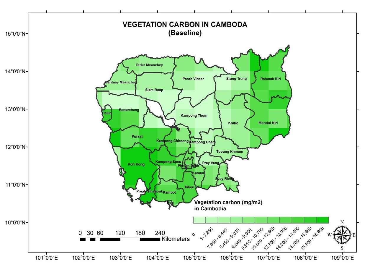 Figure 5: LPJ Simulated distribution on vegetation carbon in Cambodia (Baseline scenario).