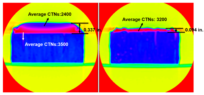 Figure 10: Left-CT scan image of the filter cake after static filtration at 300 psi and 250°F; Right-CT scan image of the remaining filter cake after soaking with 7.5 wt% HCl and 7.5 wt% HEDTA for six hours at 300 psi and 250°F.
