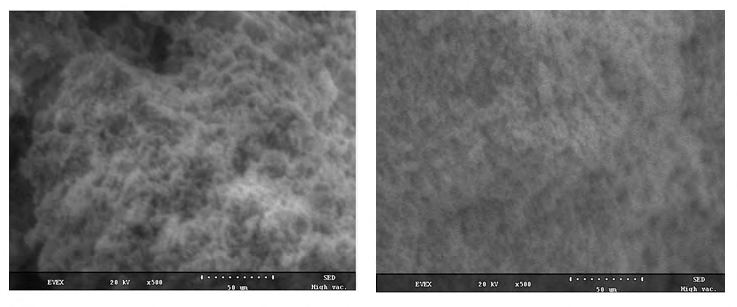 Figure 6: SEM images (500X magnification) of the surface of upper (left) and lower (right) layers of the filter cake generated at 300 psi and 250°F under static filtration by the ilmenite water-base drilling fluid through Berea sandstone disk.