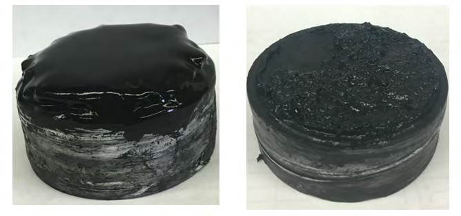 Figure 9: Left-filter cake after static filtration at 300 psi and 250°F; Right-remaining filter cake after soaking with 7.5 wt% HCl and 7.5 wt% HEDTA for six hours at 300 psi and 250°F.