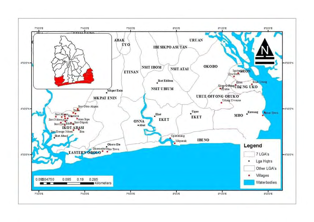 Figure 2: Map of Southern Akwa Ibom State Showing the sampled Local Government Area Source: Survey Division, Akwa Ibom State In terms of the geology of the region, two major geological formations are identified: the Younger Benin formation which covers the low-lying part of the state including Abak, Nsit Ibom, Nsit Atai, Nsit Ubium, Okobo, Ikot Abasi, Mkpat Enin, Essien Udim, Oruk Anam etc. Another formation is the beach ridge complex and alluvial deposits which occurs along the shores from Imo estuary, Kwa to Cross River estuary. This environment is characterized by a set of geomorphic features such as point bars, river channel, levees, back swamps among others [6]. The people of Southern Akwa Ibom State are predominantly into fishing or fish selling although other livelihood are sourced from farming, trading and craft work. Besides, the region has abundant crude oil, natural gas, fine sand, laterite, sharp sand, water resources and many other essential resources. Due to the abundance of resources in the region, several companies have trooped in including Exxon Mobil, Septa Energy, fishing companies, sand dredging