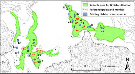 Figure 2: Fish farming locations, suitable areas, sampled fish farms, and reference locations in Pegametan Bay.