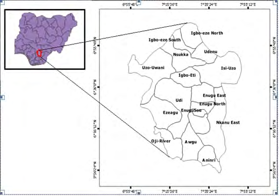 Figure 1: Map of Enugu state showing Nsukka which is the study area.