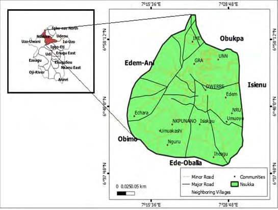 Figure 2: Map of Nsukka urban community showing the study area which is Nkpunano, Nru and Ihe n` owerre.