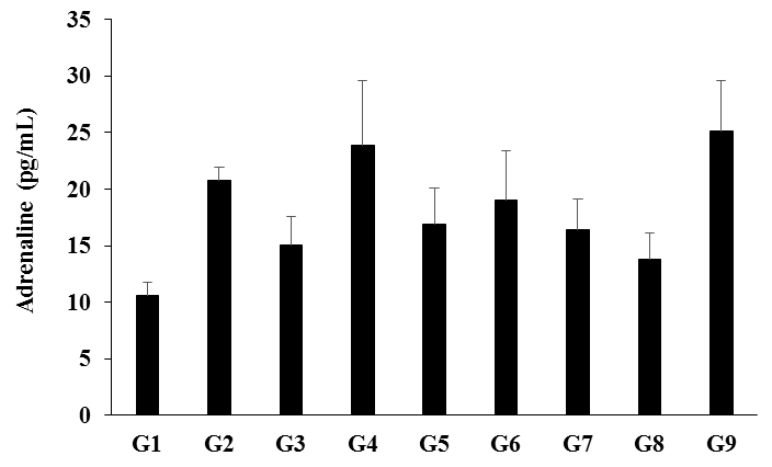 Figure 1: The data suggested that the disease control (L-NAME + high fat diet (HFD) + 0.5% CMC) group (G2) showed value of adrenaline as 20.75 ± 1.17 pg/mL, which was increased by 96.83% as compared with the normal control (G1, 10.54 ± 1.25 pg/mL). However, positive control (captopril + atorvastatin) treatment (G3) showed the level of serum adrenaline i.e., 15.02 ± 2.54 pg/ mL, which was deceased by 27.63% as compared to the G2 group. The level of adrenaline was decreased by 18.72%, 8.46%, 21.14%, and 33.33% in the G5 (L-NAME + HFD + the Biofield Energy Treated test formulation), G6 (L-NAME + HFD + Biofield Energy Treatment per se to animals from day -15), G7 (L-NAME + HFD + the Biofield Energy Treated test formulation from day -15), and G8 (L-NAME + HFD + Biofield Energy Treatment per se plus the Biofield Energy Treated test formulation from day -15) groups, respectively, as compared to the disease control group (G2). On the other hand, the level of adrenaline was reduced by 29.25%, 20.33%, 31.36%, and 41.97% in the G5, G6, G7, and G8 groups, respectively as compared to the untreated test formulation (G4) group (Figure 1). Based on the existed literature envisaged that continuous secretion of adrenaline during stress conditions can damage blood vessels, elevated blood pressure, and increased the severity of heart attacks or stroke [29]. Overall, in this experiment the Biofield Energy Treated/Blessed test formulation and Biofield Energy Treatment per se reduced the level of adrenaline, which might be helpful for the management of cardiovascular disorders.