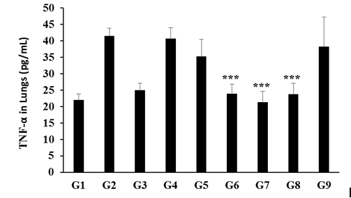 Figure 4: The disease control (Cecal Slurry, LPS and _E. coli_+ 0.5% CMC-Na) group (G2) showed value of TNF-αas 41.42± 2.4 pg/mL, which was increased by 88.14% as compared with the normal control (G1, 22.01 ± 1.89 pg/mL). Further, the positive control (Dexamethasone) treatment (G3) showed decreased TNF-α level by 39.65% i.e.,4.99 ± 2.17 pg/mL as compared to the G2 group. The level of TNF-α was decreased significantly by 1.76%, 15.05%, 42.48% (_p_≤0.001), 48.73% (_p_≤0.001), 42.85% (_p_≤0.001), and 7.65% in the G4 (Cecal Slurry, LPS and _E. coli_ along with untreated test formulation); G5 (Cecal Slurry, LPS and _E. coli_ along with the Biofield Energy Treated test formulation); G6 (Cecal Slurry, LPS and _E. coli_ along with Biofield Energy Treatment _per se_ to animals from day -15); G7