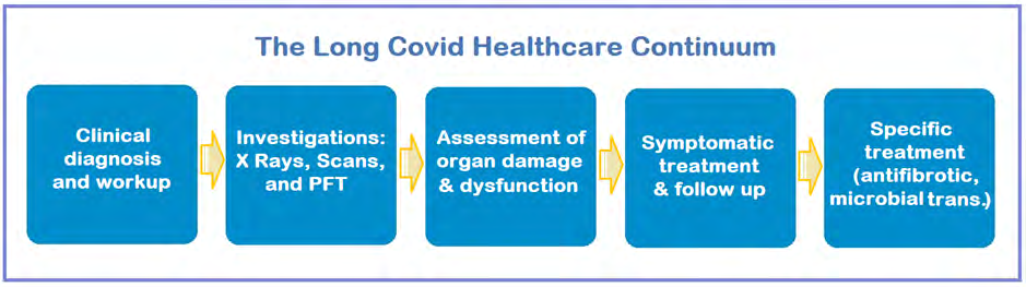 Figure 3: The Long Covid healthcare continuum-diagnosis and Clinical workup, Investigations, assessment of organ damage and dysfunction, and Supportive and specific treatment.