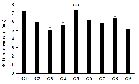 Figure 2: The level of intestine superoxide dismutase (SOD) in Sprague Dawley rats after administration of Biofield Treated test formulation and Biofield Energy Healing per se. G1 as normal control (vehicle, 0.5% w/v CMC-Na); G2 as disease control (Cecal Slurry, LPS and _E. coli_ + 0.5% CMC-Na); G3 as reference item (Cecal Slurry, LPS and _E. coli_ + Dexamethasone); G4 includes Cecal Slurry, LPS and _E. coli_ along with untreated test formulation; G5 as Cecal Slurry, LPS and _E. coli_ along with the Biofield Energy Treated test formulation; G6 group includes Cecal Slurry, LPS and _E. coli_ along with Biofield Energy Treatment _per se_ to animals from day -15; G7 as Cecal Slurry, LPS and _E. coli_ + Biofield Energy Treated test formulation from day -15; G8 group includes Cecal Slurry, LPS and _E. coli_ + Biofield Energy Treatment _per se_ + Biofield Energy Treated test formulation from day -15, and G9 group denoted Cecal Slurry, LPS and _E. coli_ along with Biofield Energy Treatment _per se_ animals plus the untreated test formulation. Values are presented as mean ± SEM (n=6-9). ***_p_≤0.001 _vs._ G4.