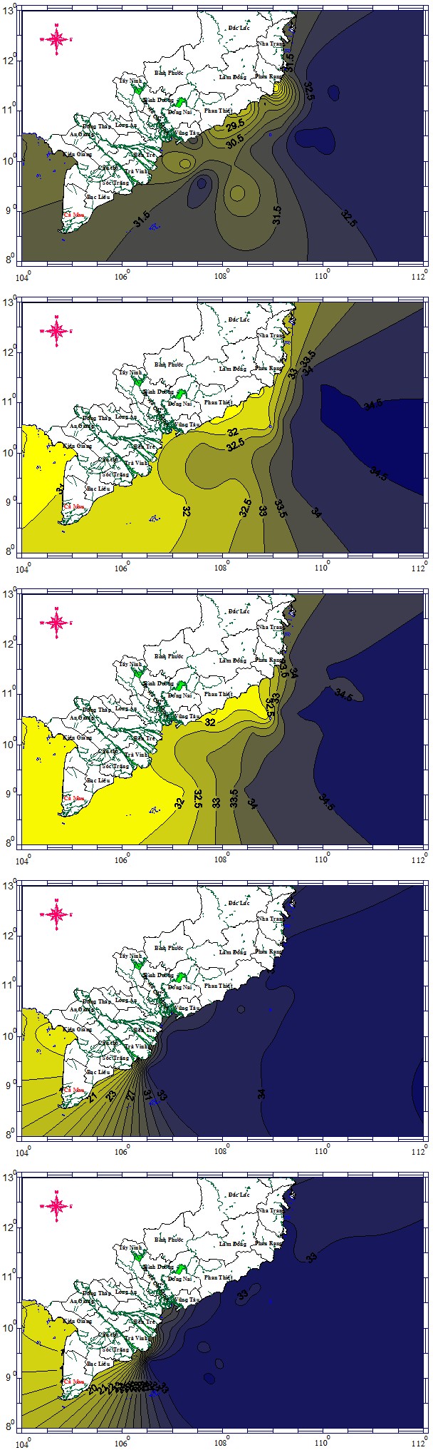 Figure 4: Salinity distribution of top layer (a), middle layer (b) and bottom layer (c) in northeast monsoon season.