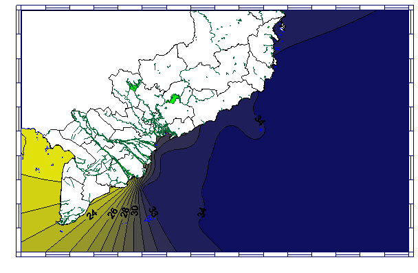 Figure 5: Salinity distribution of surface layer (a), middle layer (b) and bottom layer (c) in the southwest monsoon season.