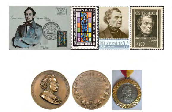 Figure 15: Collectible materials dedicated to Jozeph Hyrtl. In Figure 16, a selection of commemorative medals dedicated to the less famous at the world level, but revered in their countries, the Italian scientist-anatomist Leonardo Botallo (1515-1588) and the anatomists - Luis Collado and Pere Jimeno is presented. The first medal was issued in 1954 for the Congress of Surgeons in Turin, and the other two - in 1962, for the International Congress of Anatomists in Valencia [20,17].