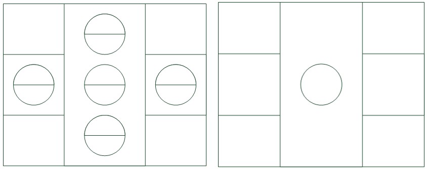Figure 1: Schematic diagram shows the virtual hole patterns. (a) Virtual images without using die-to-database method. (b) Only true hole is located on the central one using combining method.