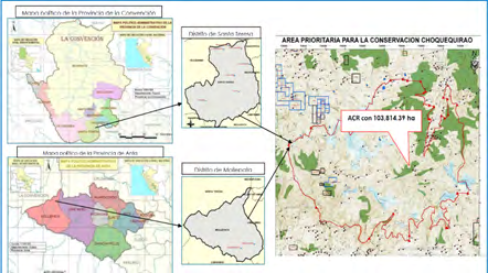 Figure 2: Micro-location of RCA Choquequirao. Source: SNIP Investment Bank: public investment project with code 307376 Regarding the natural heritage of the RCA CHOQ, the Master Plan 2014-2018 GRRNGMA [16], indicates that it must conserve biological corridors and genetic refreshing areas for fauna species, mainly for the “spectacled bear”, _Tremarctos_ _ornatus_, as well as many birds and mammals. In this way, the continuity of ecological processes in other nearby protected natural areas such as: Machu Picchu and Ampay would be ensured. On the other hand, high threats were identified, such as forest and grassland fires, contamination by solid waste generated by tourism and external geodynamics and as medium threats the expansion of the agricultural frontier, extraction of timber species for firewood among the most important and, finally, as low threats extraction of orchids and other ornamental plants.