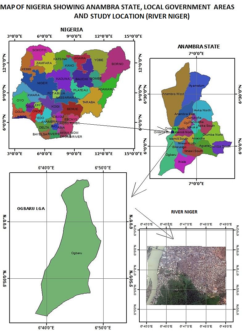 Figure 1: Ogbaru local government area has an area of 453 km² in Anambra State, Nigeria, which is bounded to the north by Onitsha South local government area, in the west by the River Niger, in the south-east by Ihiala local government area, and in the east by Ekwusigo and Idemili South local government areas.