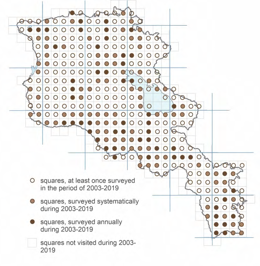 Figure 3: Squares (on a 10x10-km grid) surveyed in Armenia either systematically (annually after first count), or opportunistically (at least in one year) over the period 2003-2019.