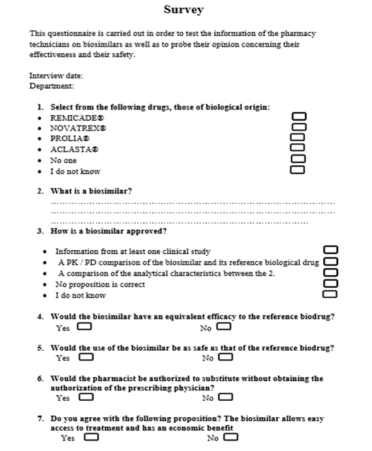 Figure 1: Questionnaire sheet assigned to pharmacy technicians.